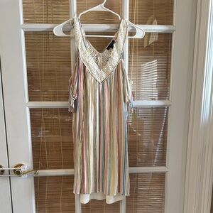 Striped juniors Cold Shoulder Dress with Lace Detail